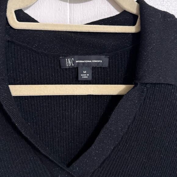 INC International Concepts Knit Polo Shirt Womens M Black Collared V-Neck Ribbed - Picture 2 of 5